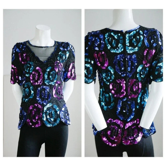 Leslie Fay Tops - Vintage Leslie Fay Evening Silk Sequin Beaded Teal Pink  Sparkly Top S